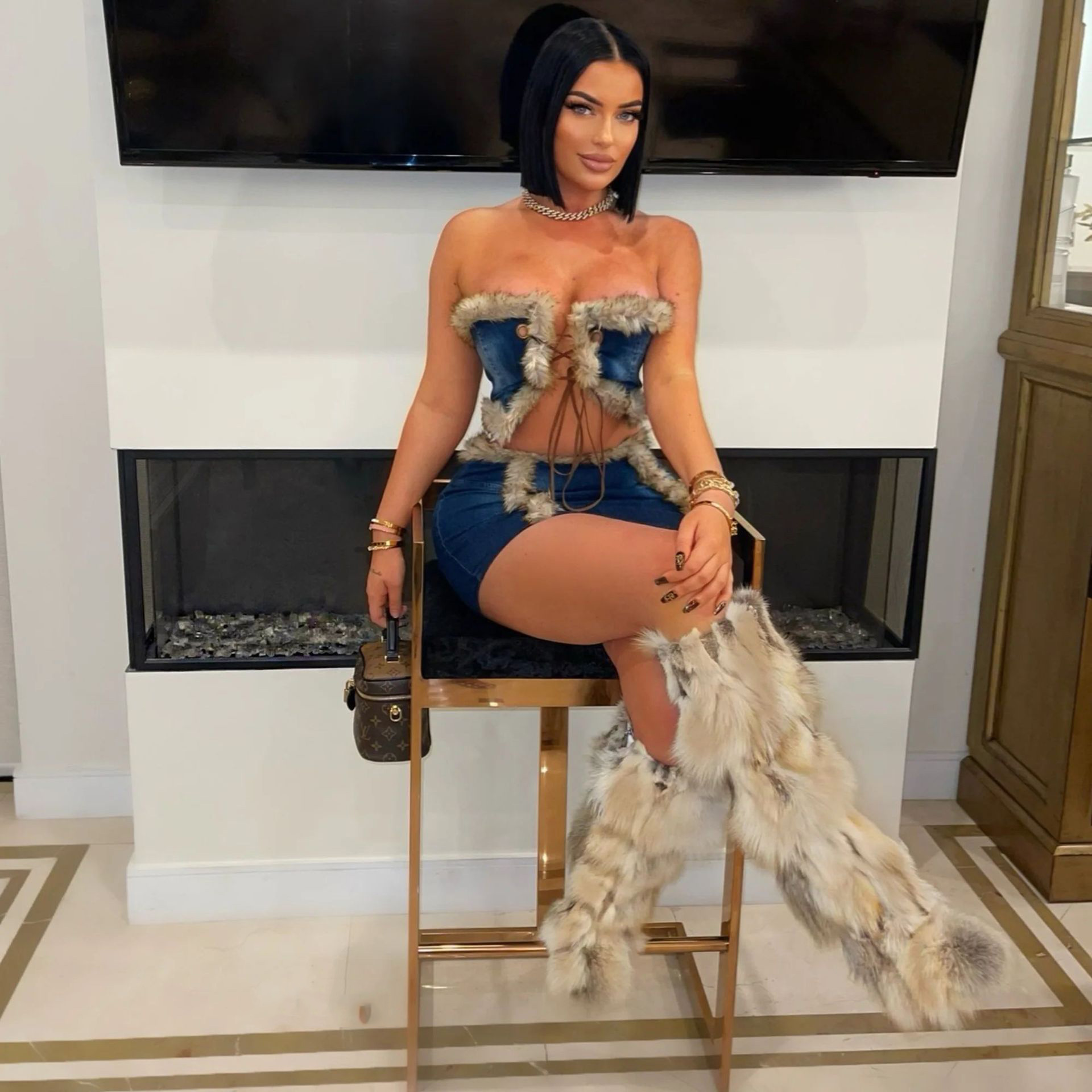 Women Plush Strapless Top and Bodycon Skirt Denim Two Piece Set