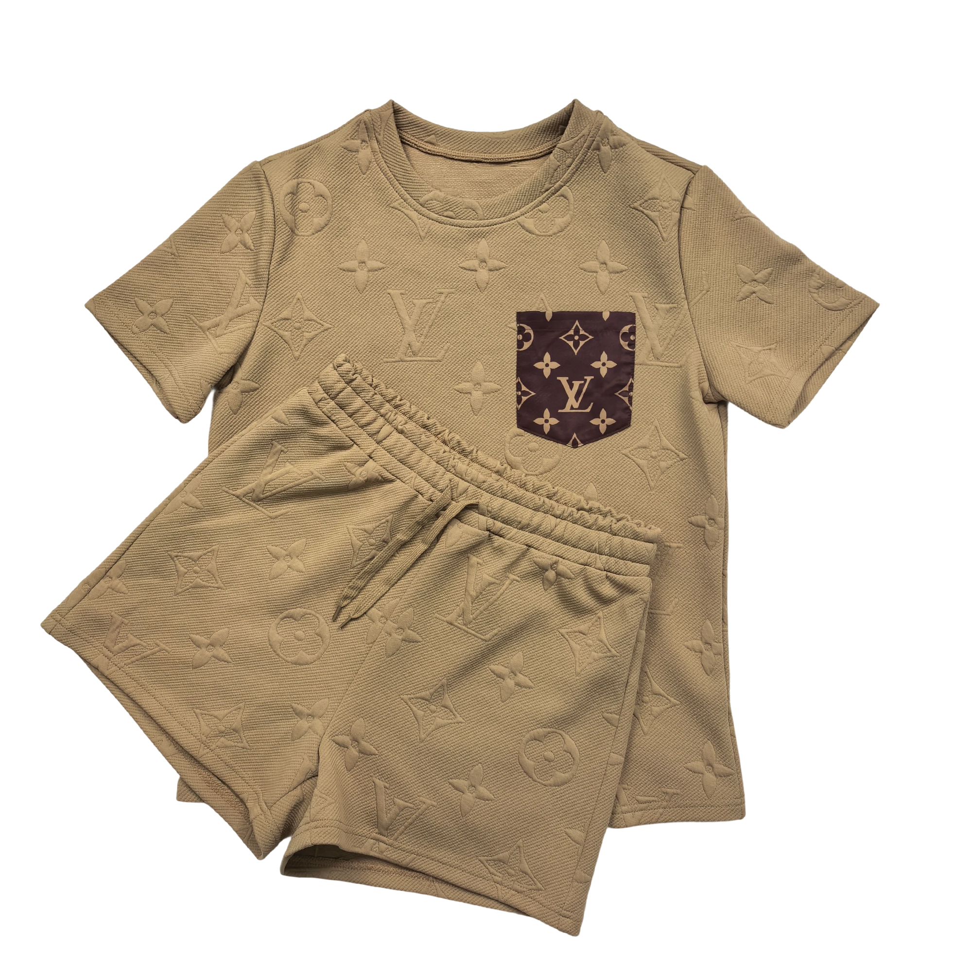 Women Short Sleeve Patch procket Top and Shorts Two Piece Set