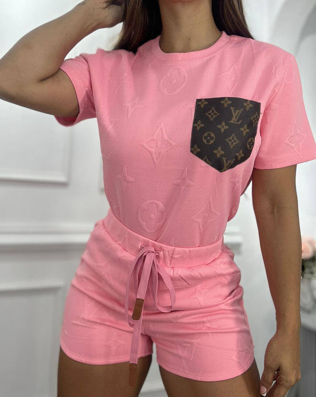 Women Short Sleeve Patch procket Top and Shorts Two Piece Set