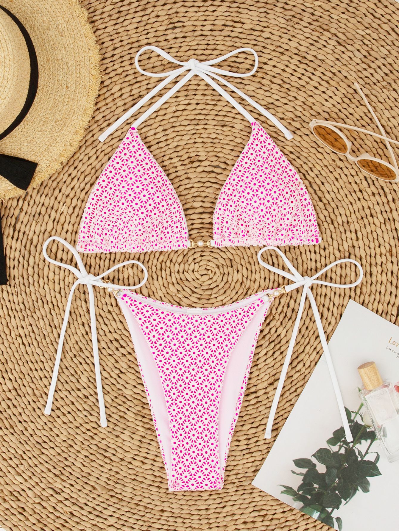 Halter Neck Triangle Bikini Tie-Back Low-Back Print Swimsuit