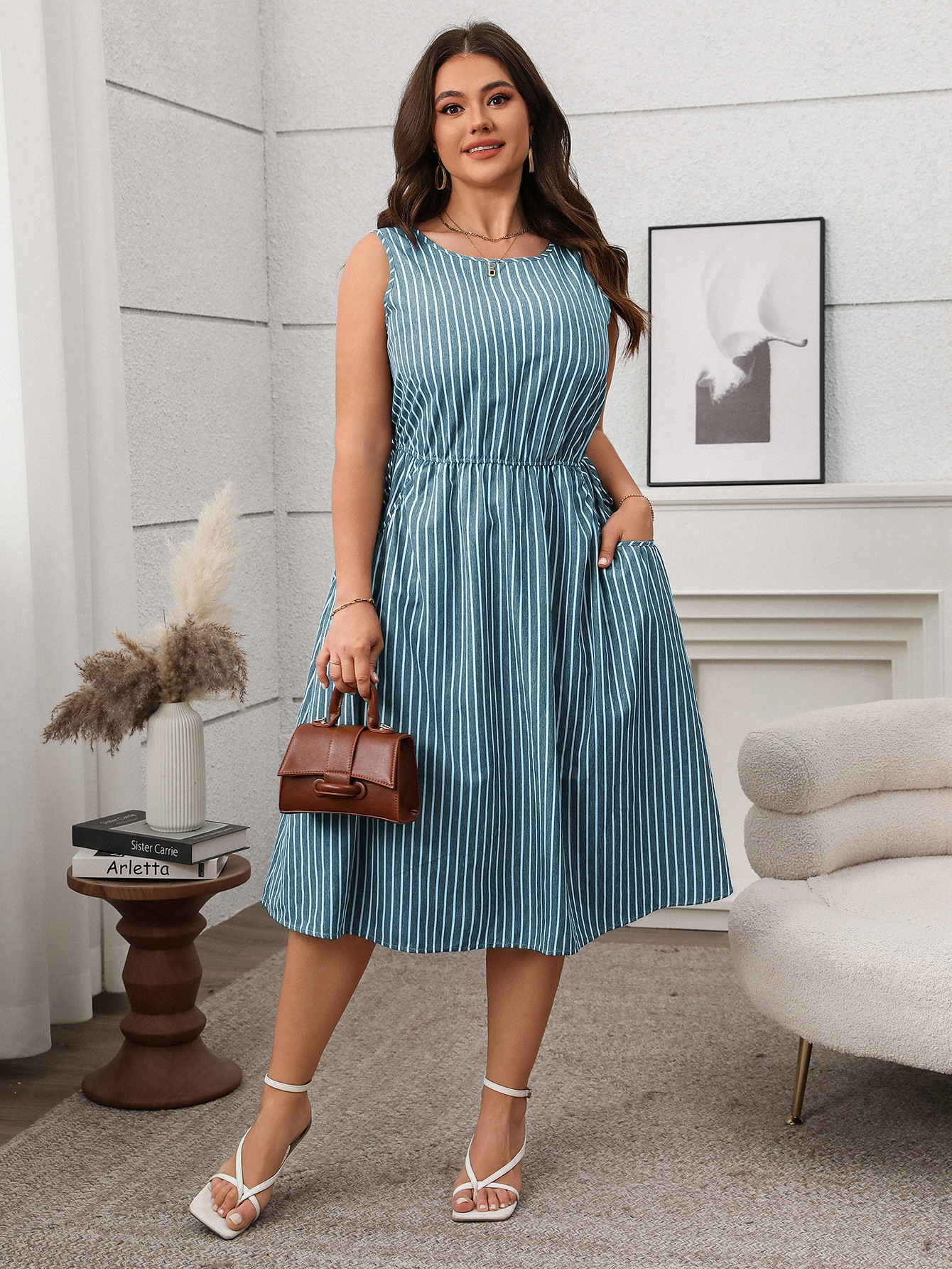 Spring/Summer Women's Plus Size Casual Contrast Stripe Sleeveless Pocket Dress