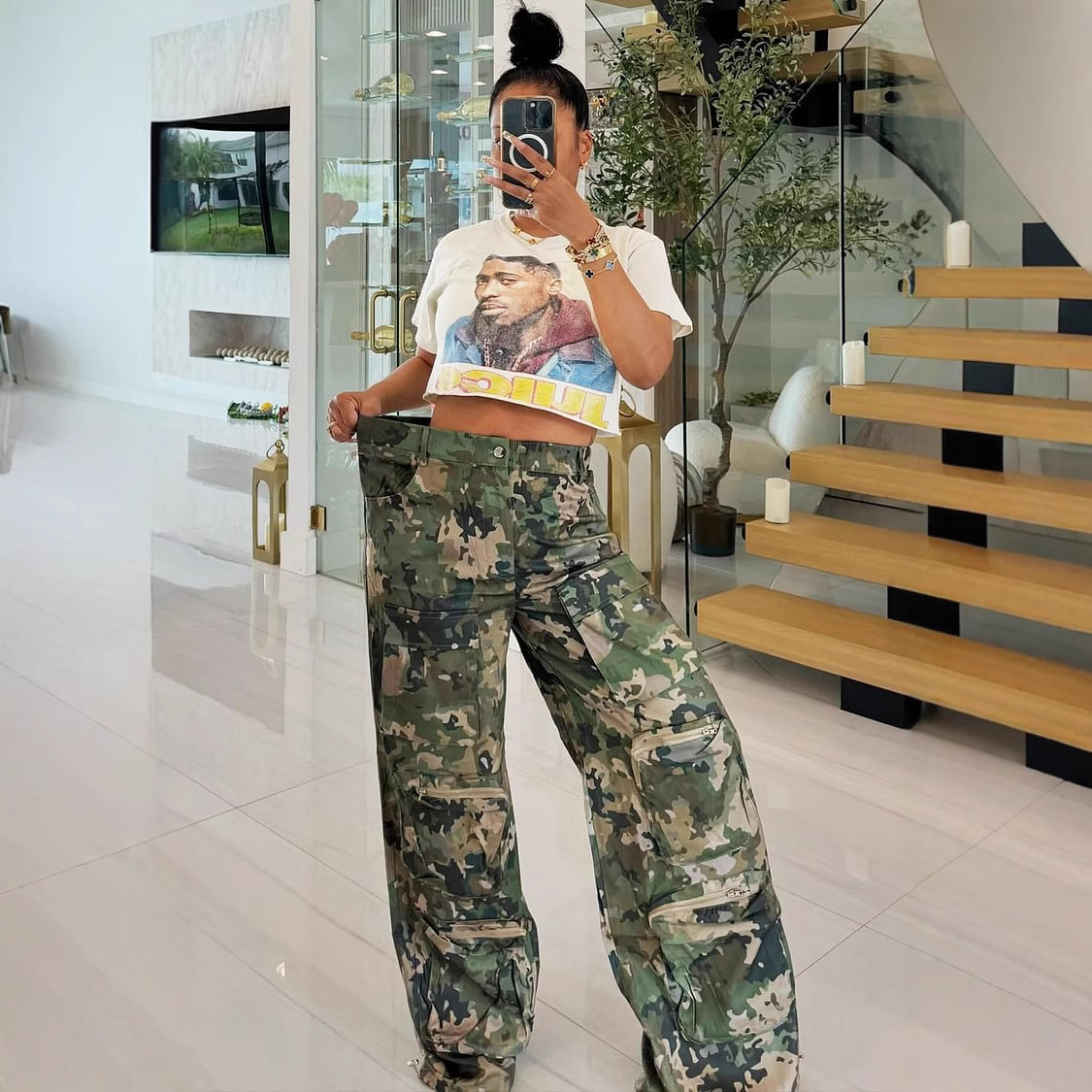 Summer Camouflage Print High-Waist Loose Cargo Pants