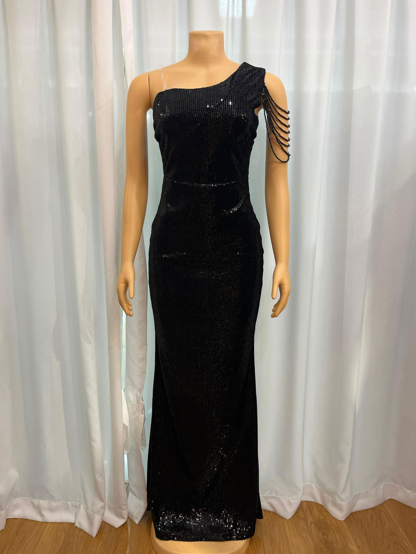 Slash Shoulder Chain Sexy Sequin Low-Back Slim Long Evening Dress