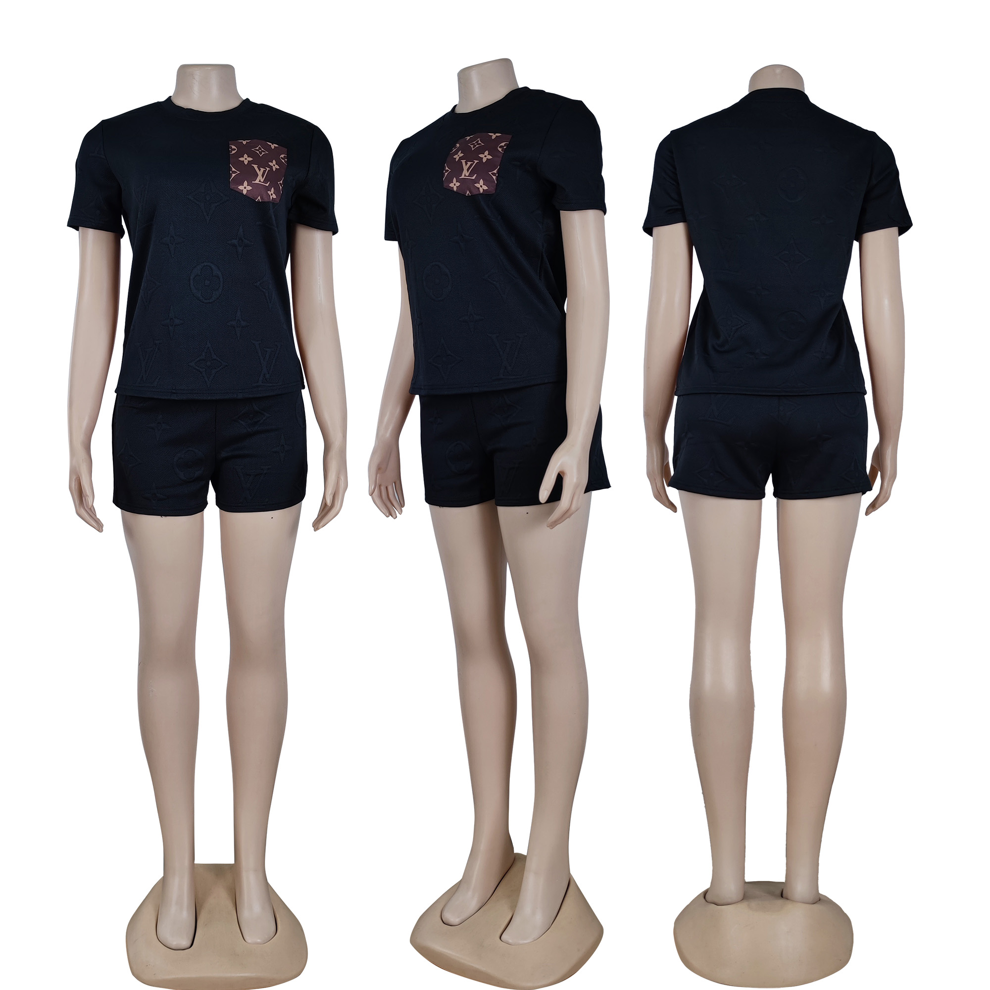 Women Short Sleeve Patch procket Top and Shorts Two Piece Set