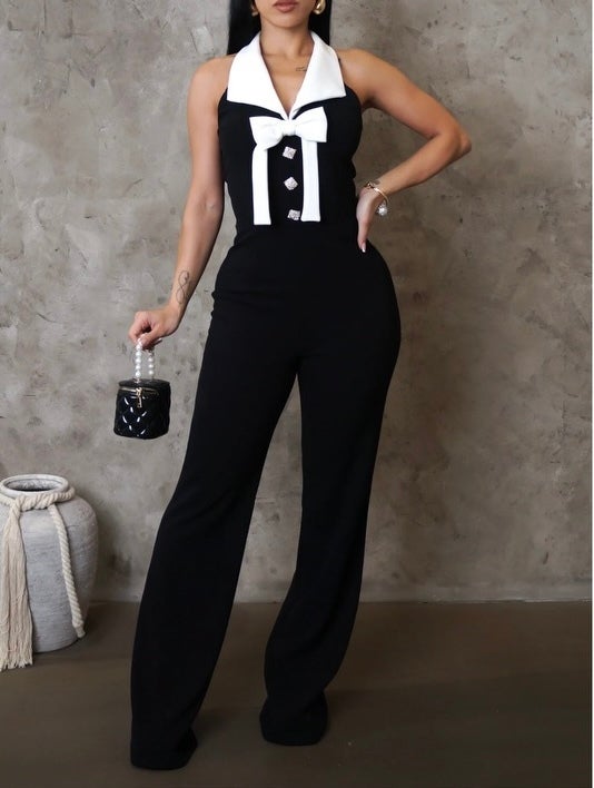 Women Fashion Contrast Sleeveless Button Jumpsuits