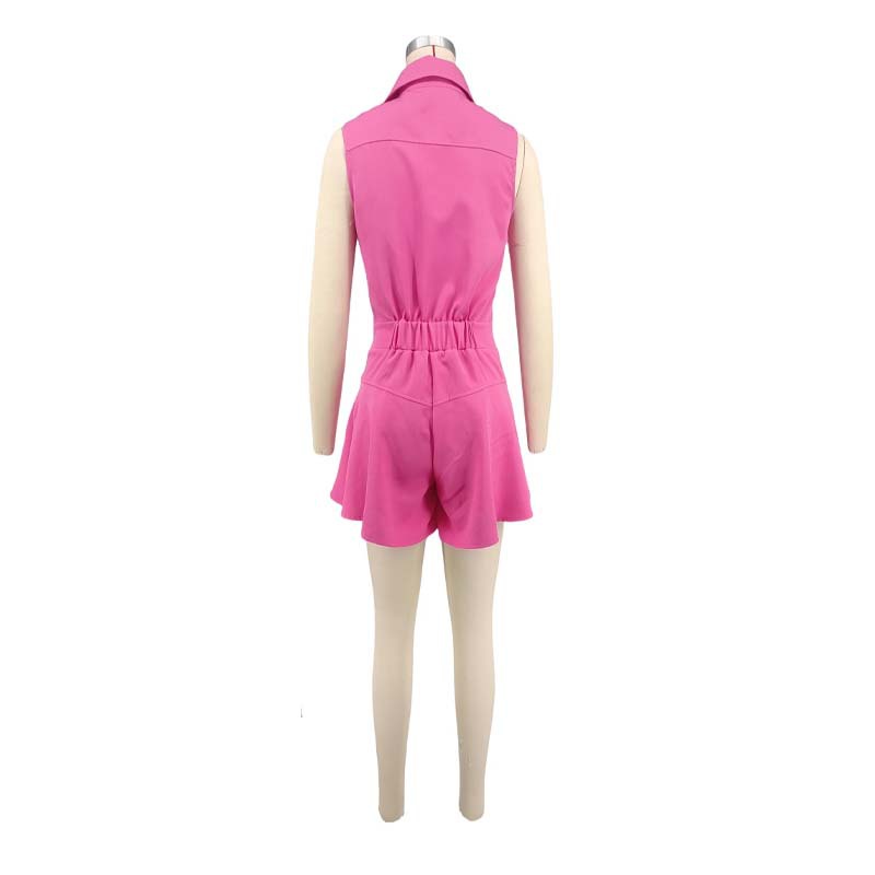 Summer Solid Sleeveless Slim Waist Turndown Collar Wide-Leg Short Jumpsuit