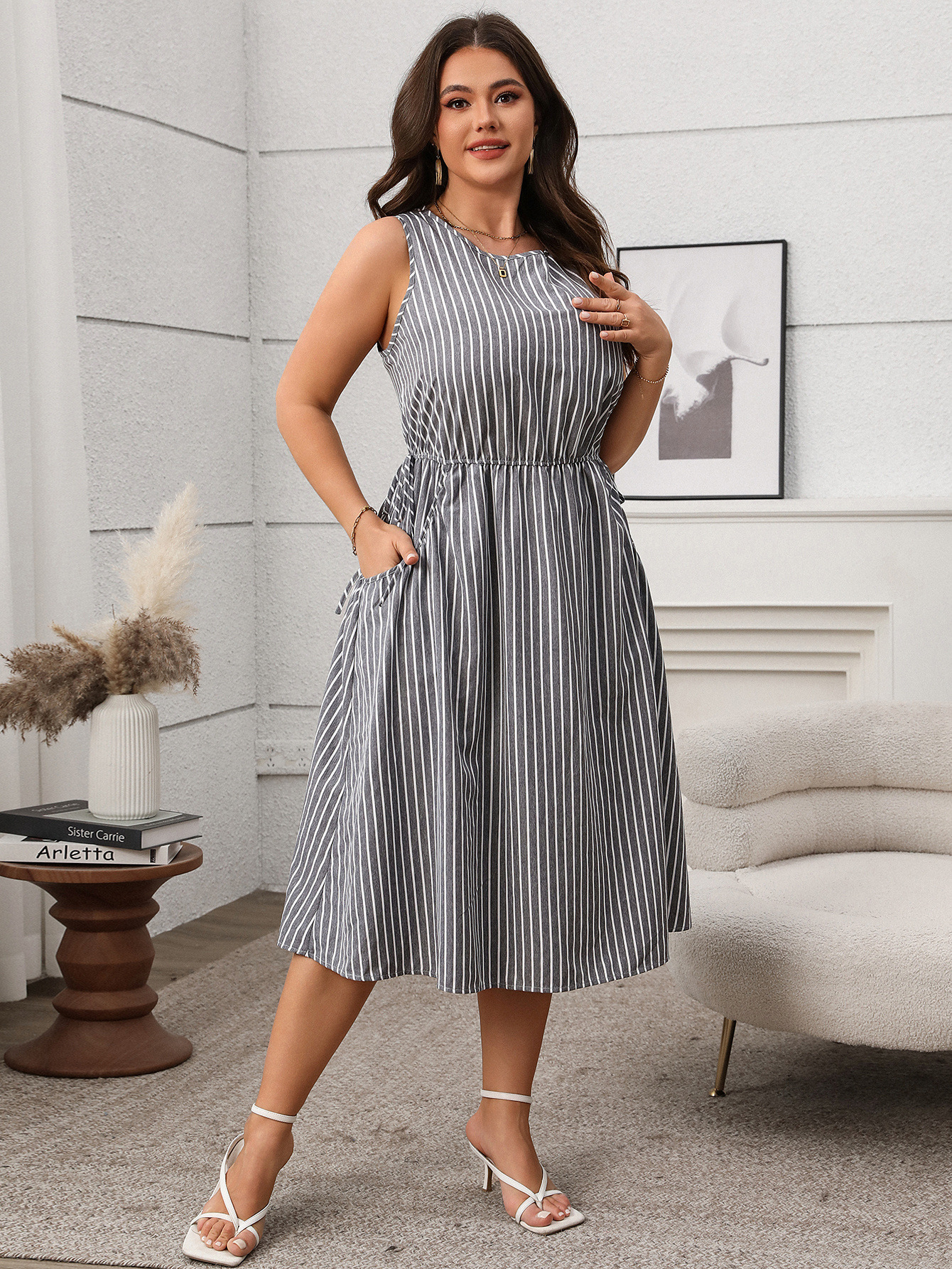 Spring/Summer Women's Plus Size Casual Contrast Stripe Sleeveless Pocket Dress