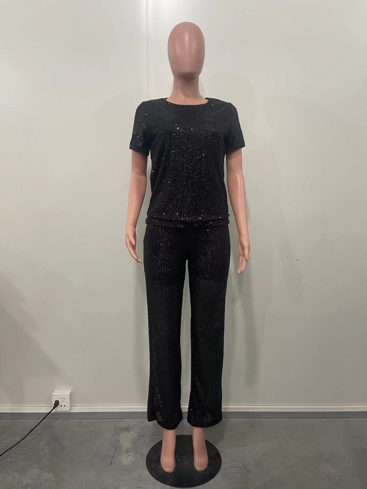 Women Spring Summer Sequin Solid Short Sleeve Top and Pants Two-piece Set