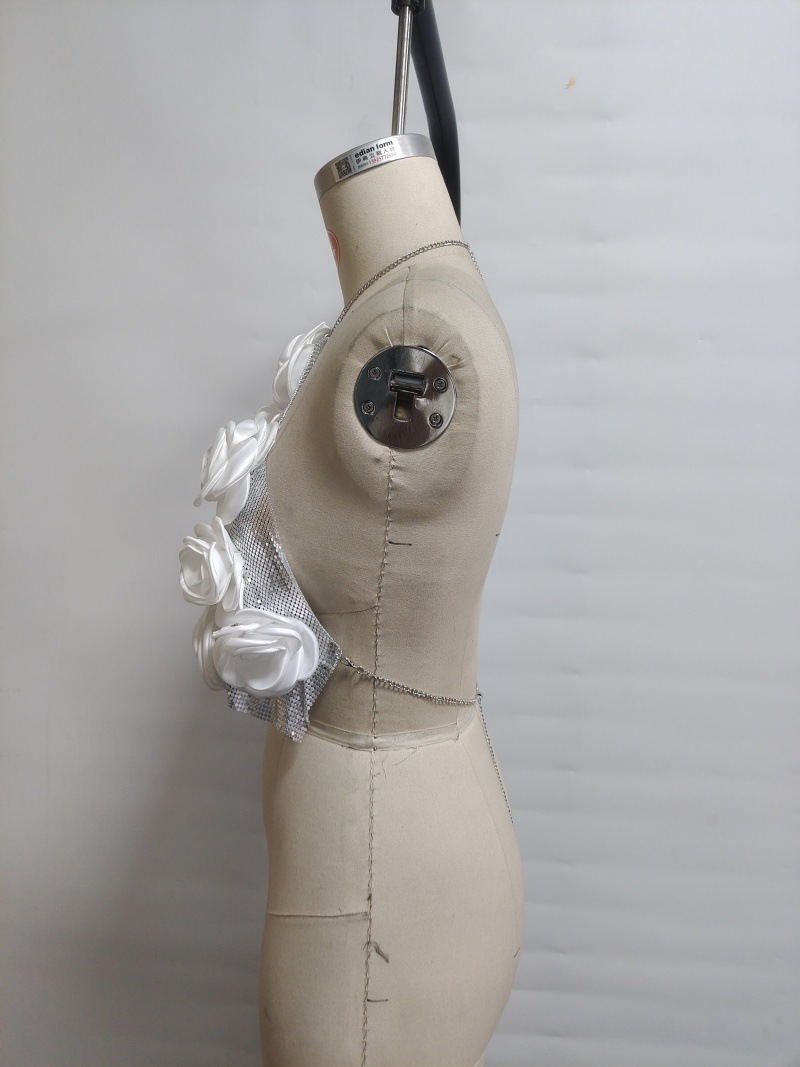 Women's Sexy Metallic Sequin Top White Floral Camisole