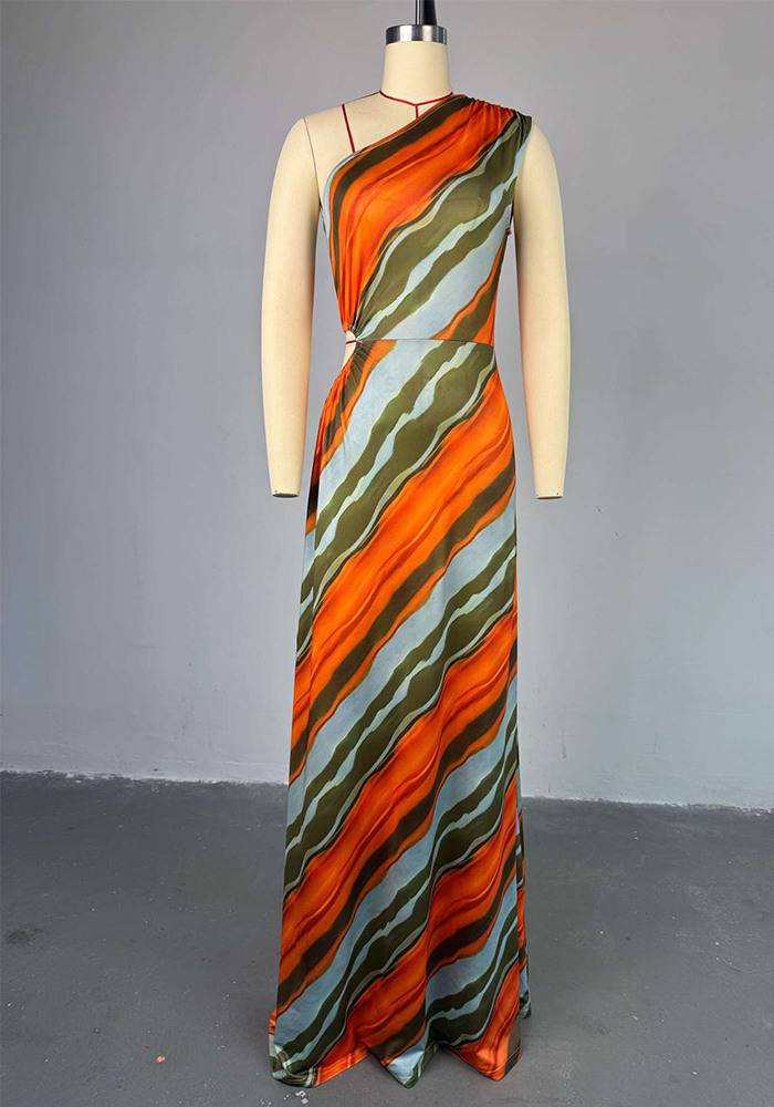 Women Spring Striped Slash Shoulder Dress