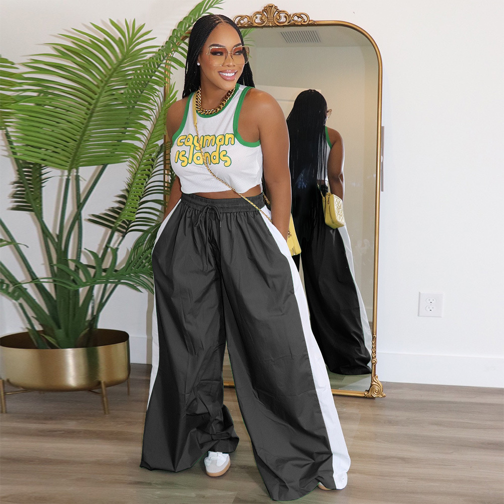 Women Sports Contrast Patchwork Casual Wide Leg Pants