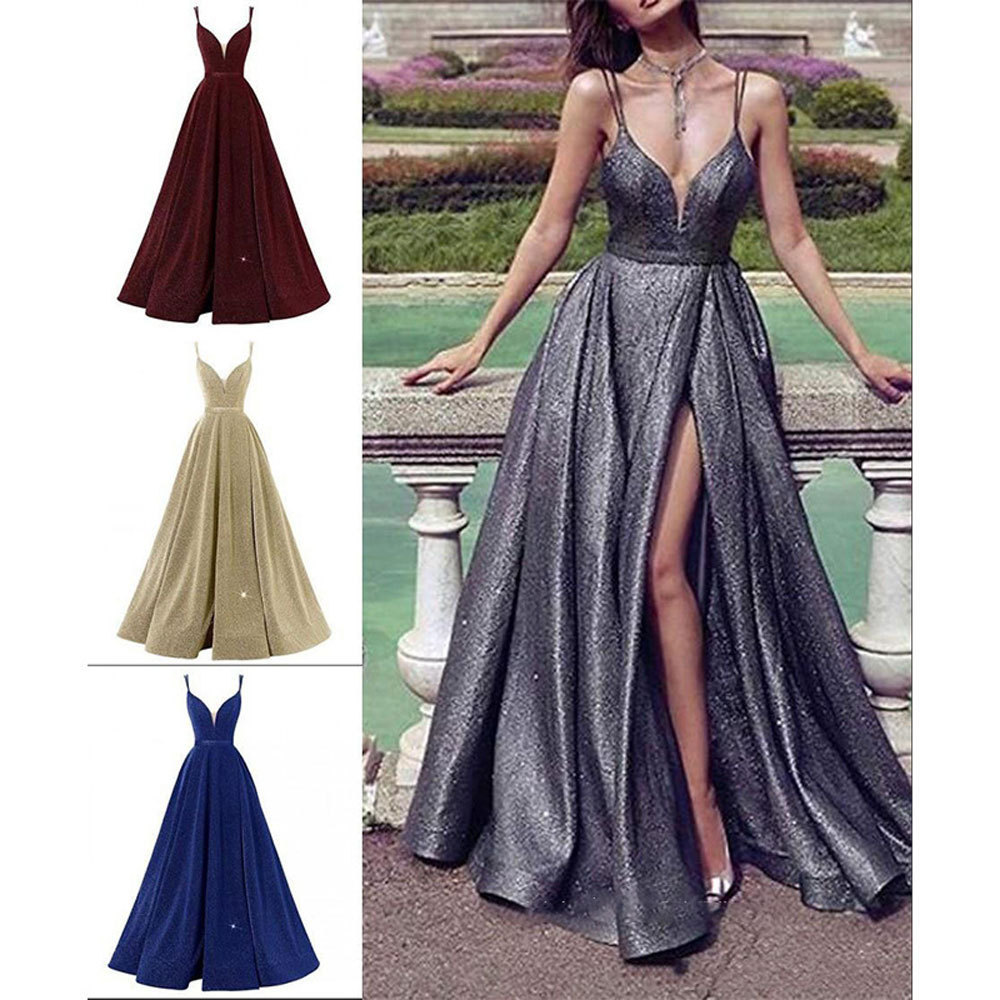 Women Formal Party V-Neck Sequined Strapless Party Bridesmaid Formal Party Evening Dress