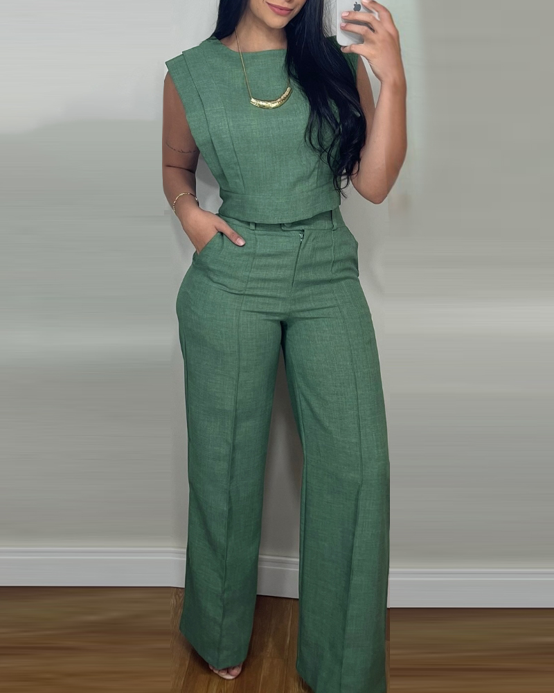 Women Round Neck Crop Top and Pants Casual Two Piece Set