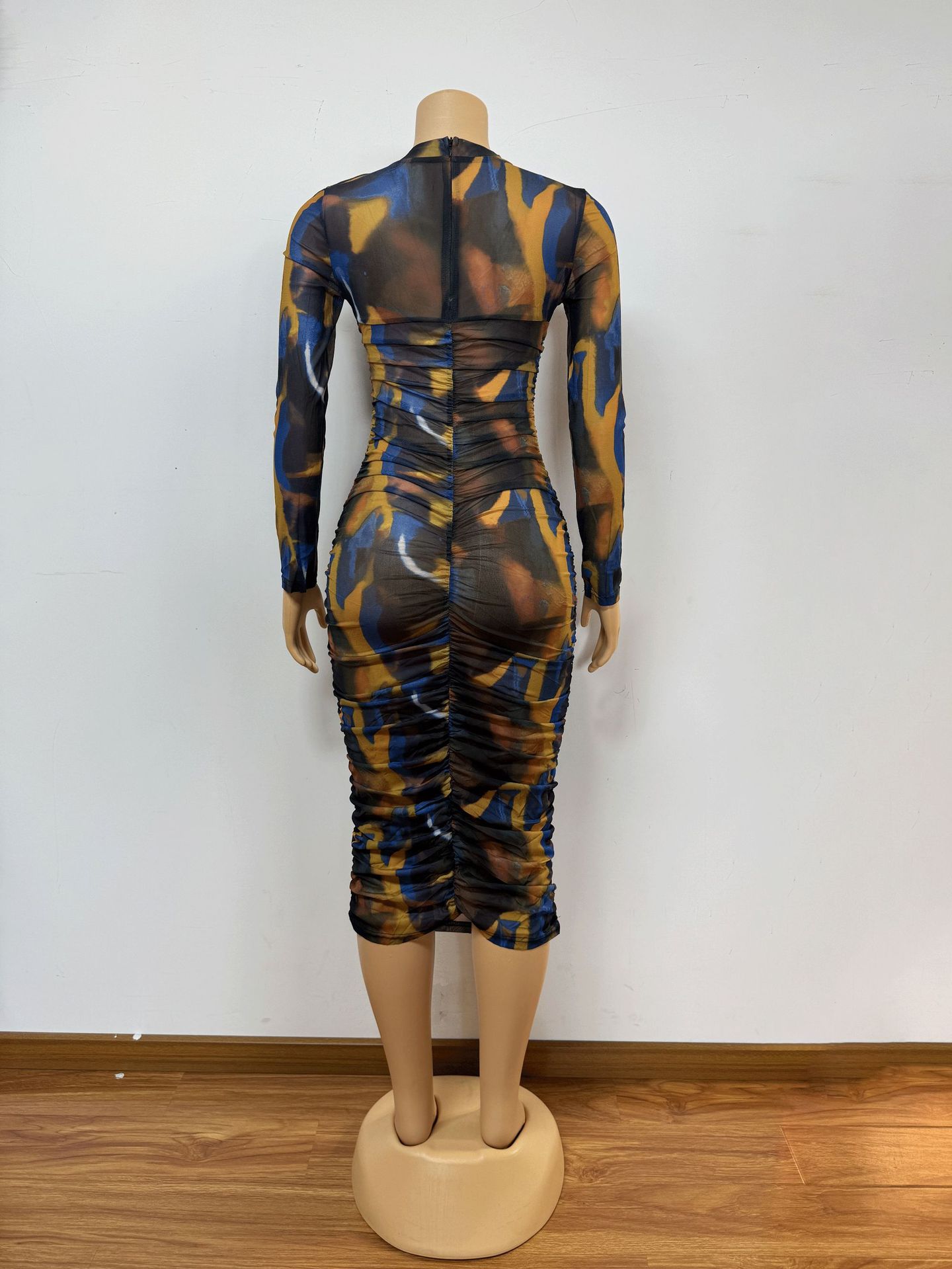 See-Through Mesh Sexy Round Neck Long-Sleeve Bodycon Dress