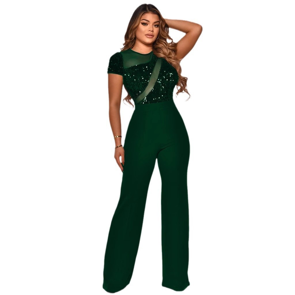 Women Irregular Sequin Patchwork Short Sleeve Jumpsuit