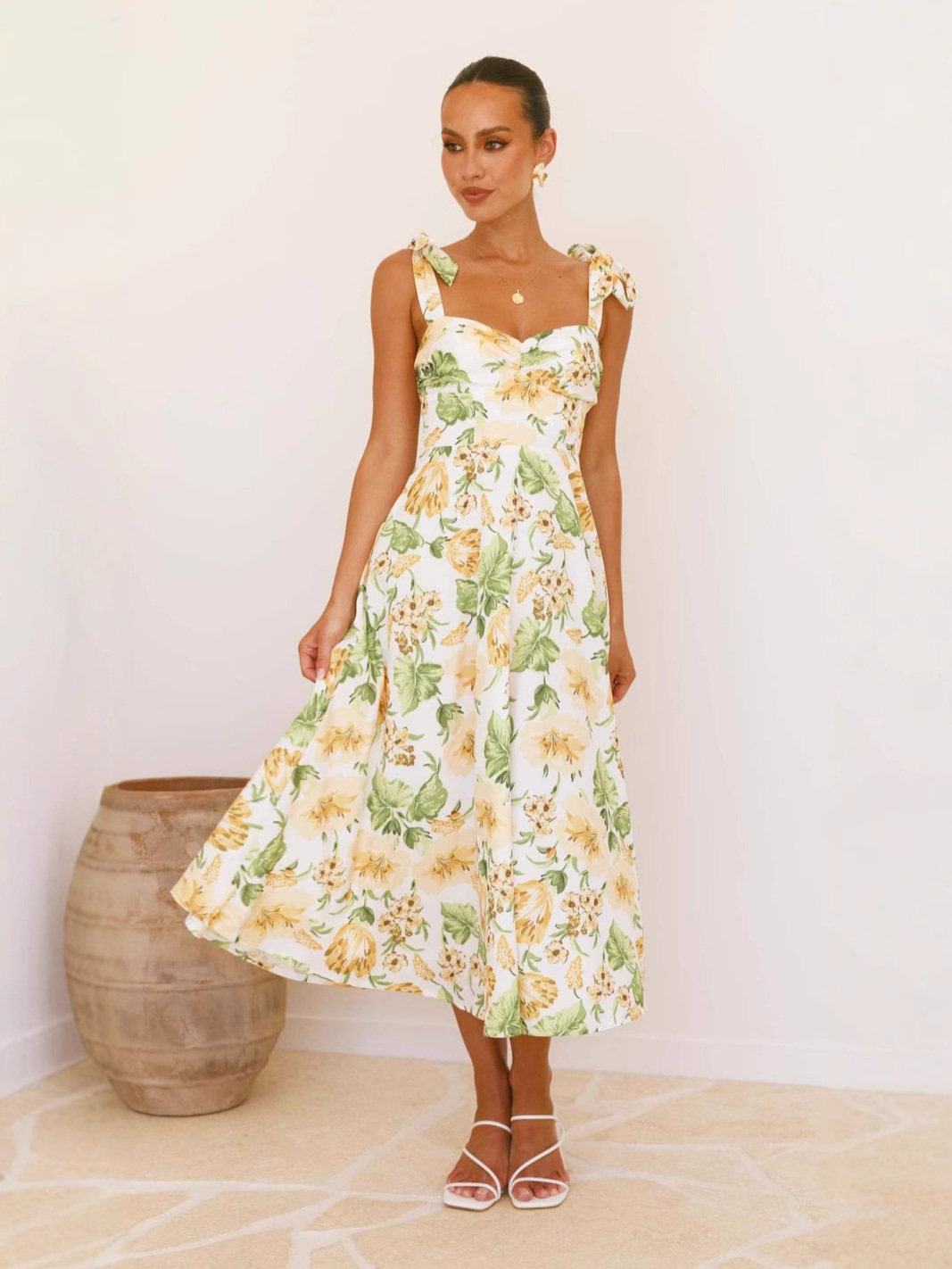 Women's Summer Floral Print Lace-Up Strap Holiday Dress