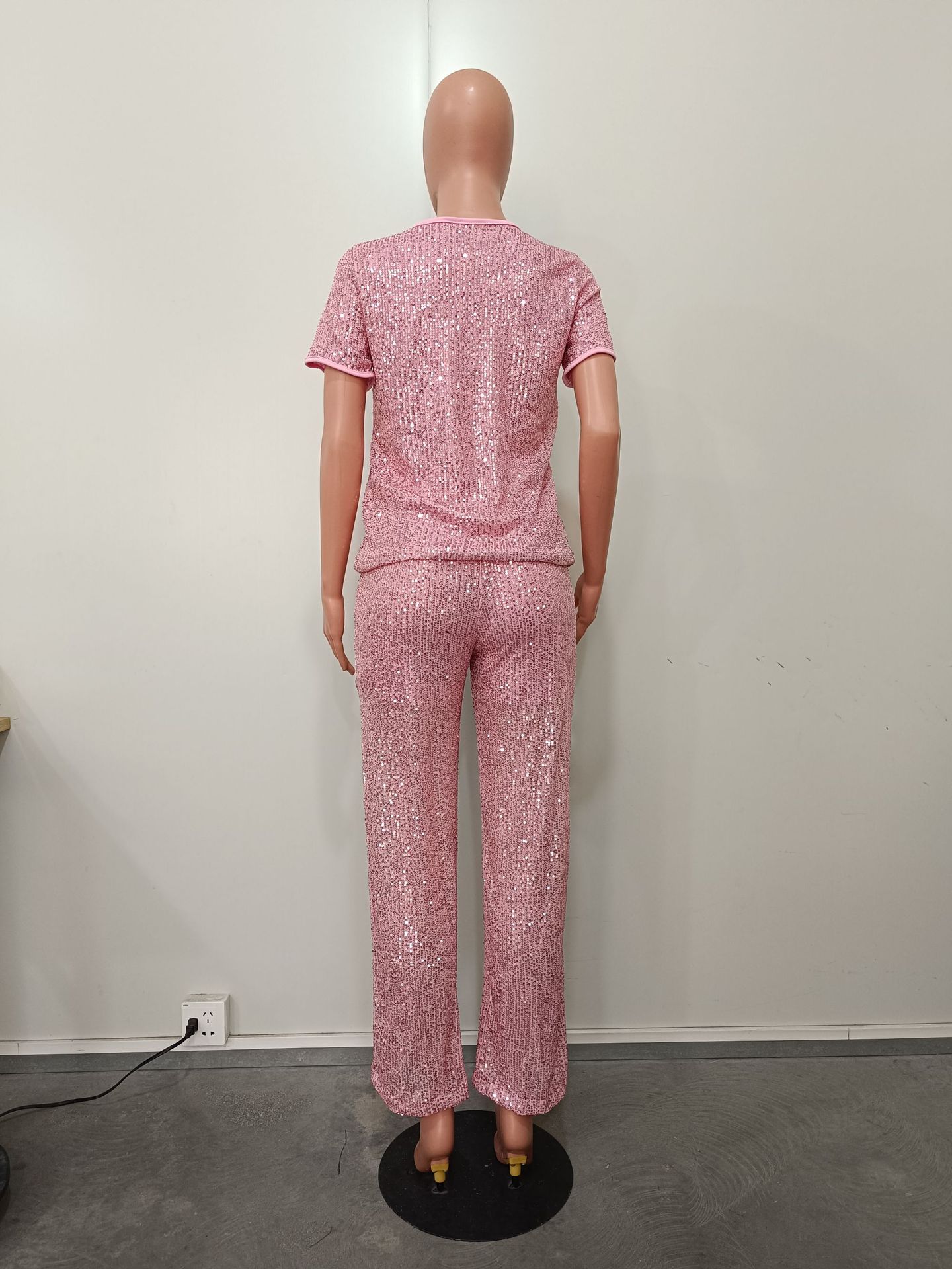 Women Spring Summer Sequin Solid Short Sleeve Top and Pants Two-piece Set