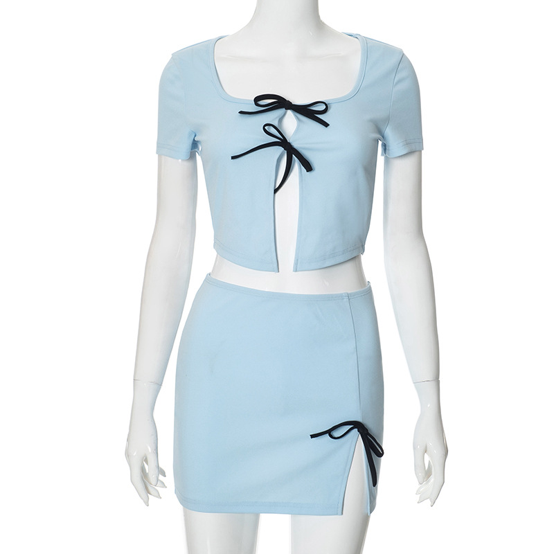 Women Spring Bowknot Hollow Crop Top and Skirt Two Piece Set