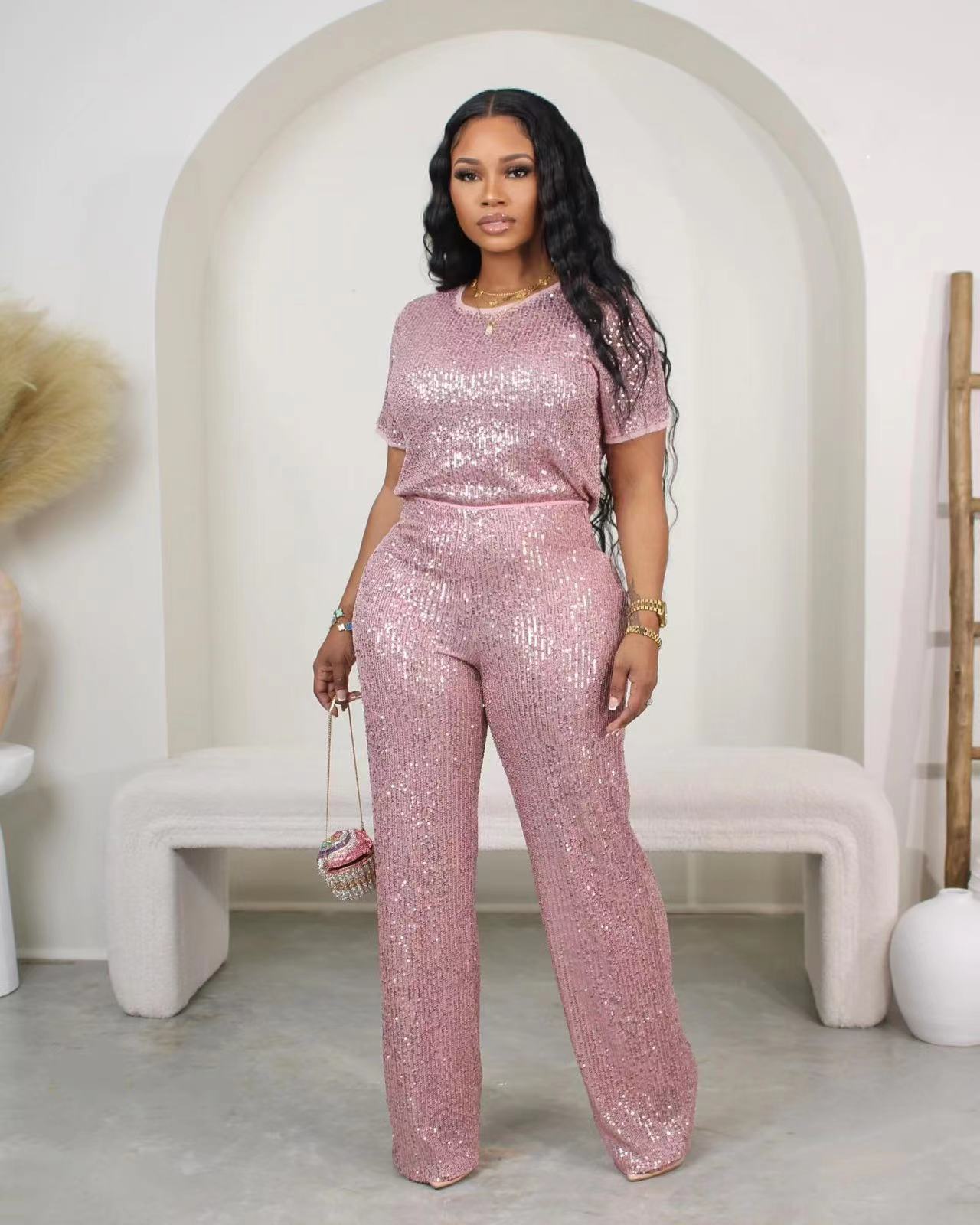 Women Spring Summer Sequin Solid Short Sleeve Top and Pants Two-piece Set