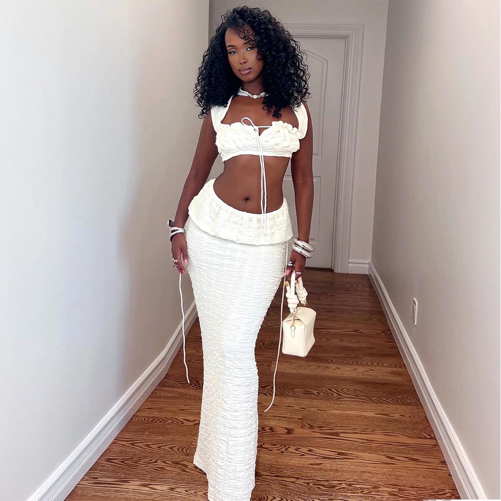 Sexy Cut-Out Square Neck Lace-Up Top with Slim Long Skirt Two Piece Set