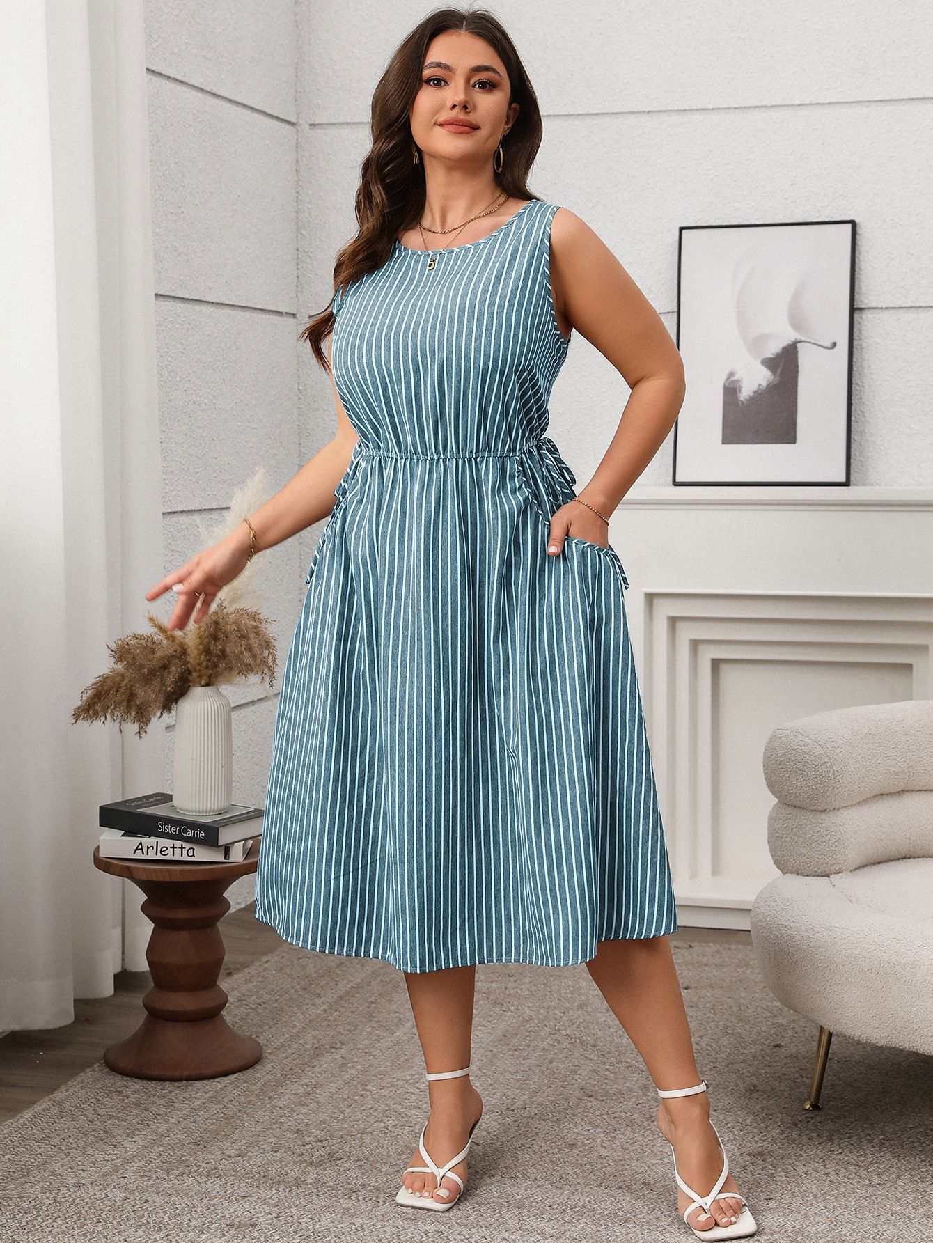 Spring/Summer Women's Plus Size Casual Contrast Stripe Sleeveless Pocket Dress