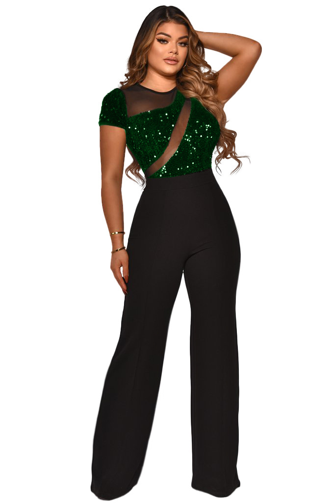 Women Irregular Sequin Patchwork Short Sleeve Jumpsuit