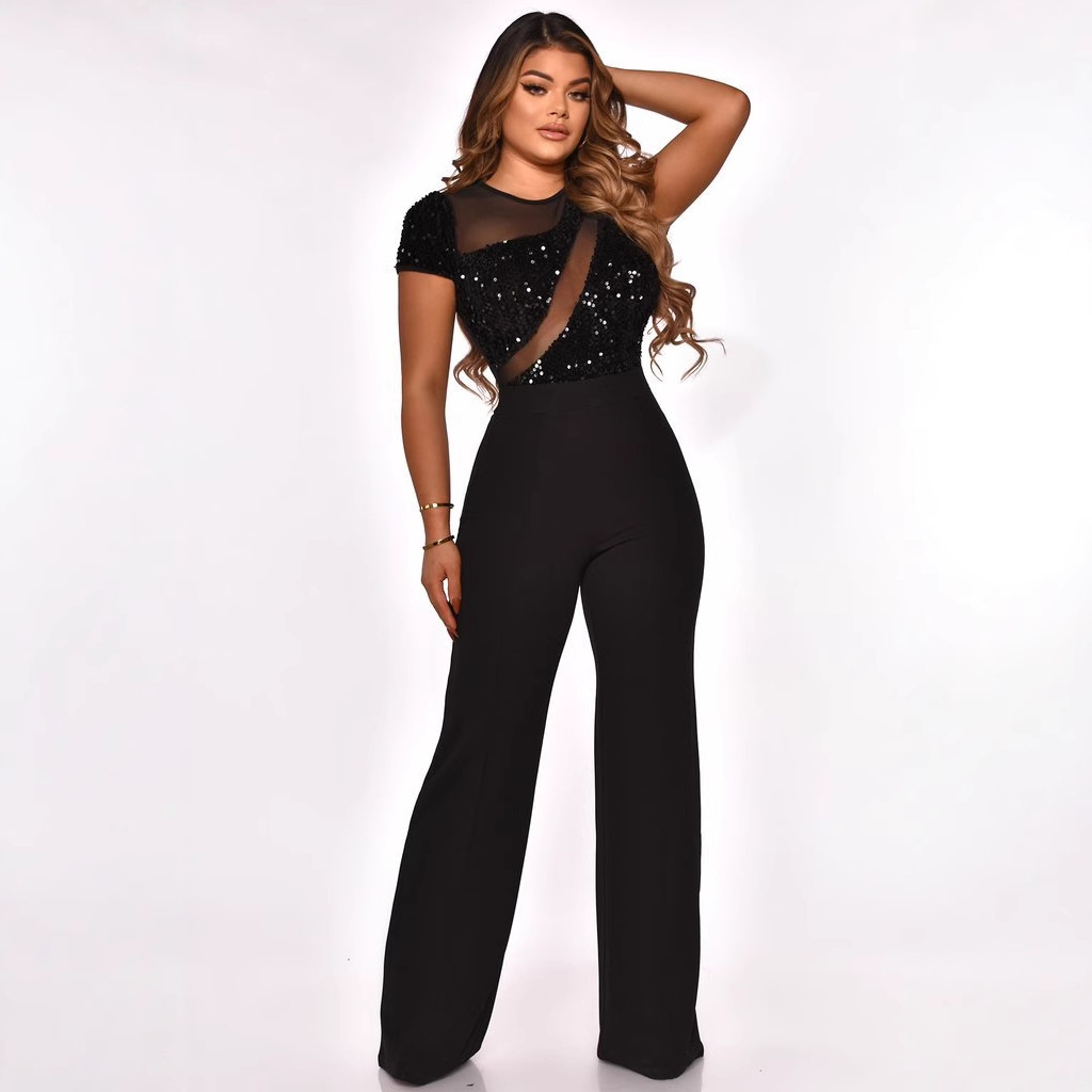 Women Irregular Sequin Patchwork Short Sleeve Jumpsuit