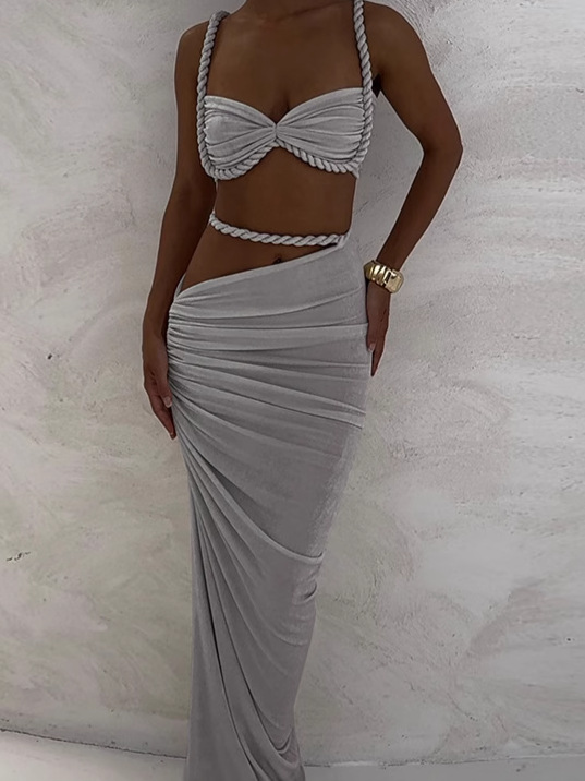 Women Spring Sexy Solid Backless Top and Bodycon Skirt Two-piece Set