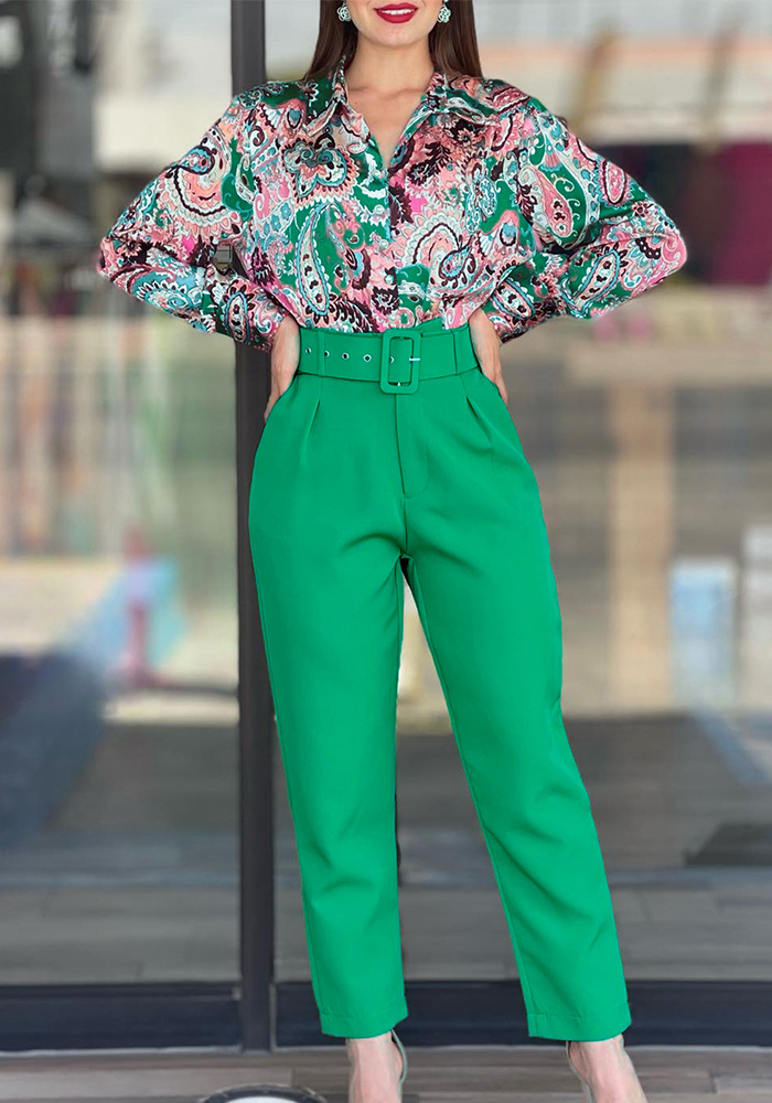 Women's Spring Printed Long-Sleeve Shirt and High-Waist Trousers Two-Piece Set