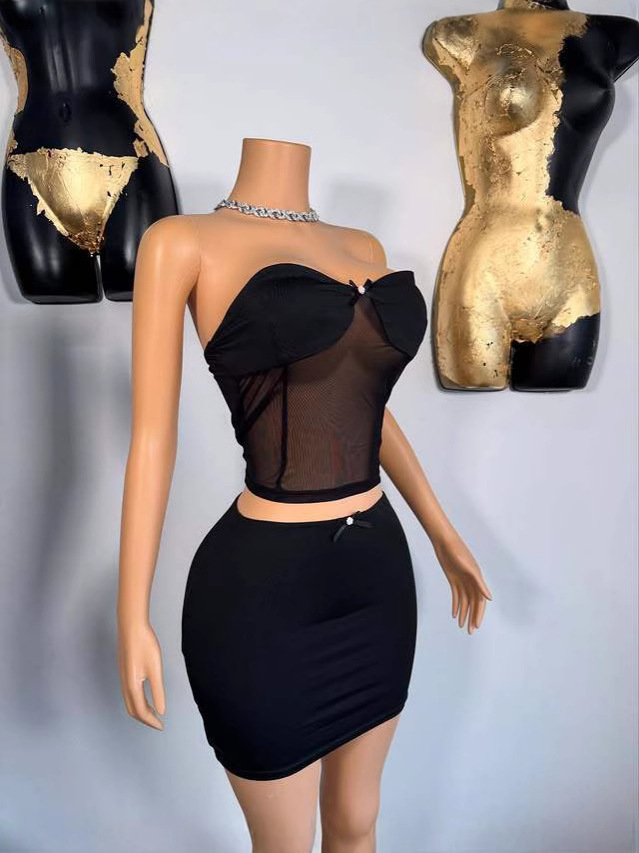 Women See-Through Sexy Patchwork Wrap Top and Skirt Two Piece Set