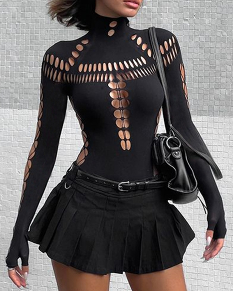 Women Hollow Ripped Hollow High Neck Bodysuit