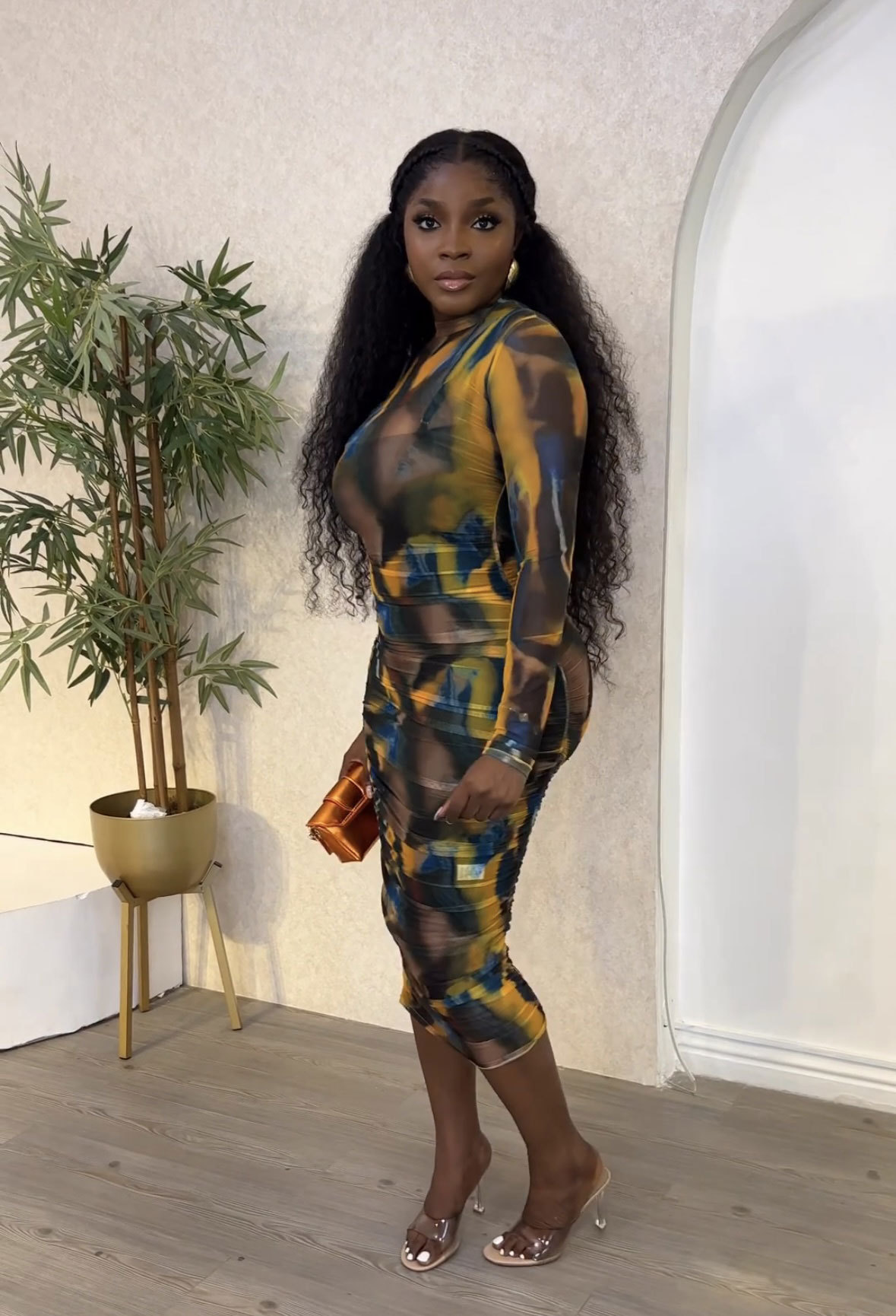 See-Through Mesh Sexy Round Neck Long-Sleeve Bodycon Dress