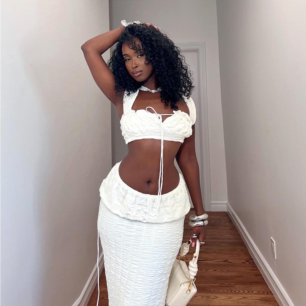 Sexy Cut-Out Square Neck Lace-Up Top with Slim Long Skirt Two Piece Set