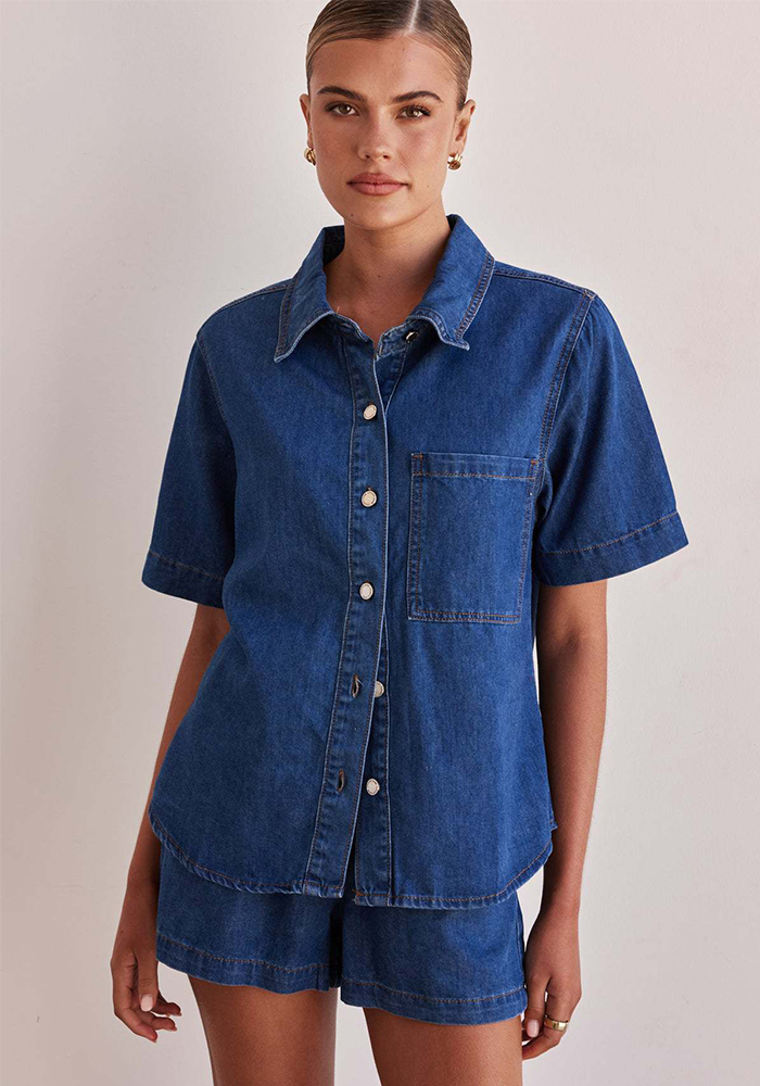 Summer Washed Solid Color Short-Sleeve Shirt and Denim Shorts Set