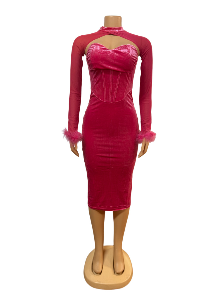 Low-Cut Sexy strapless Low-Back Bodycon Dress Feather Patchwork Long-Sleeve Top Two Piece Set