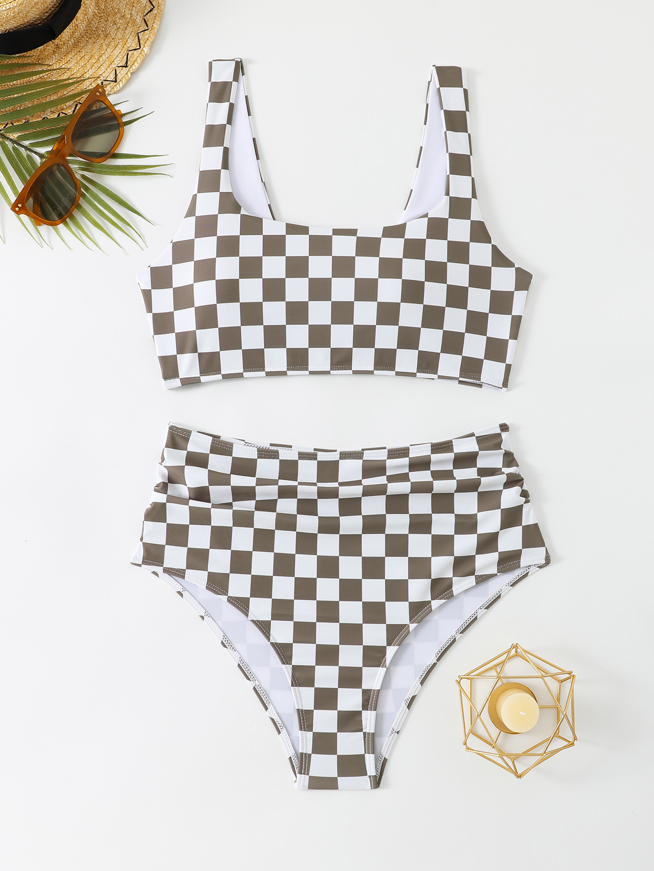 Checkered High-Waist Bikini Two-Piece Sport Swimsuit