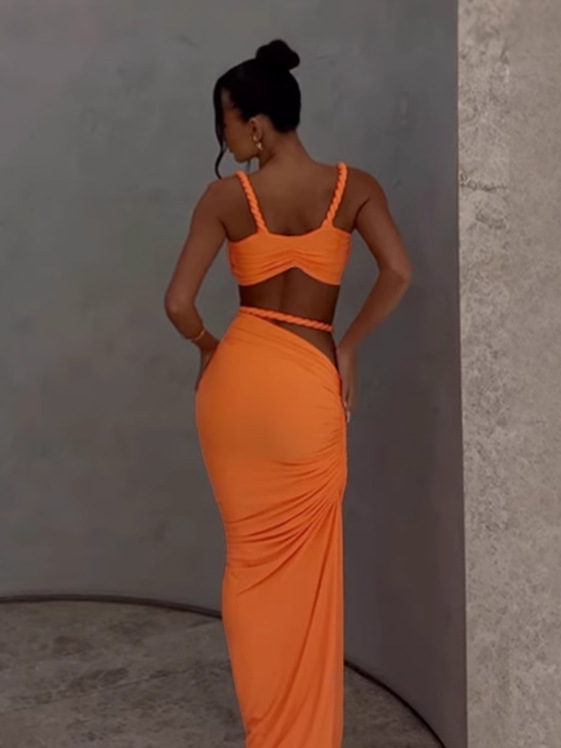 Women Spring Sexy Solid Backless Top and Bodycon Skirt Two-piece Set