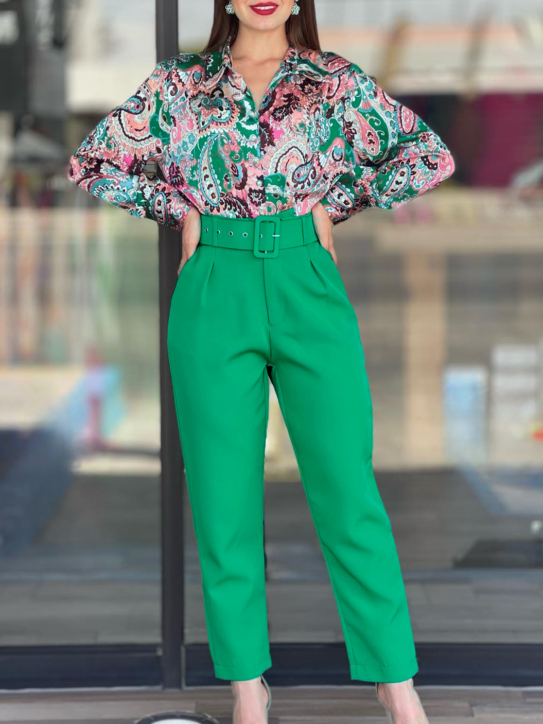 Women's Spring Printed Long-Sleeve Shirt and High-Waist Trousers Two-Piece Set