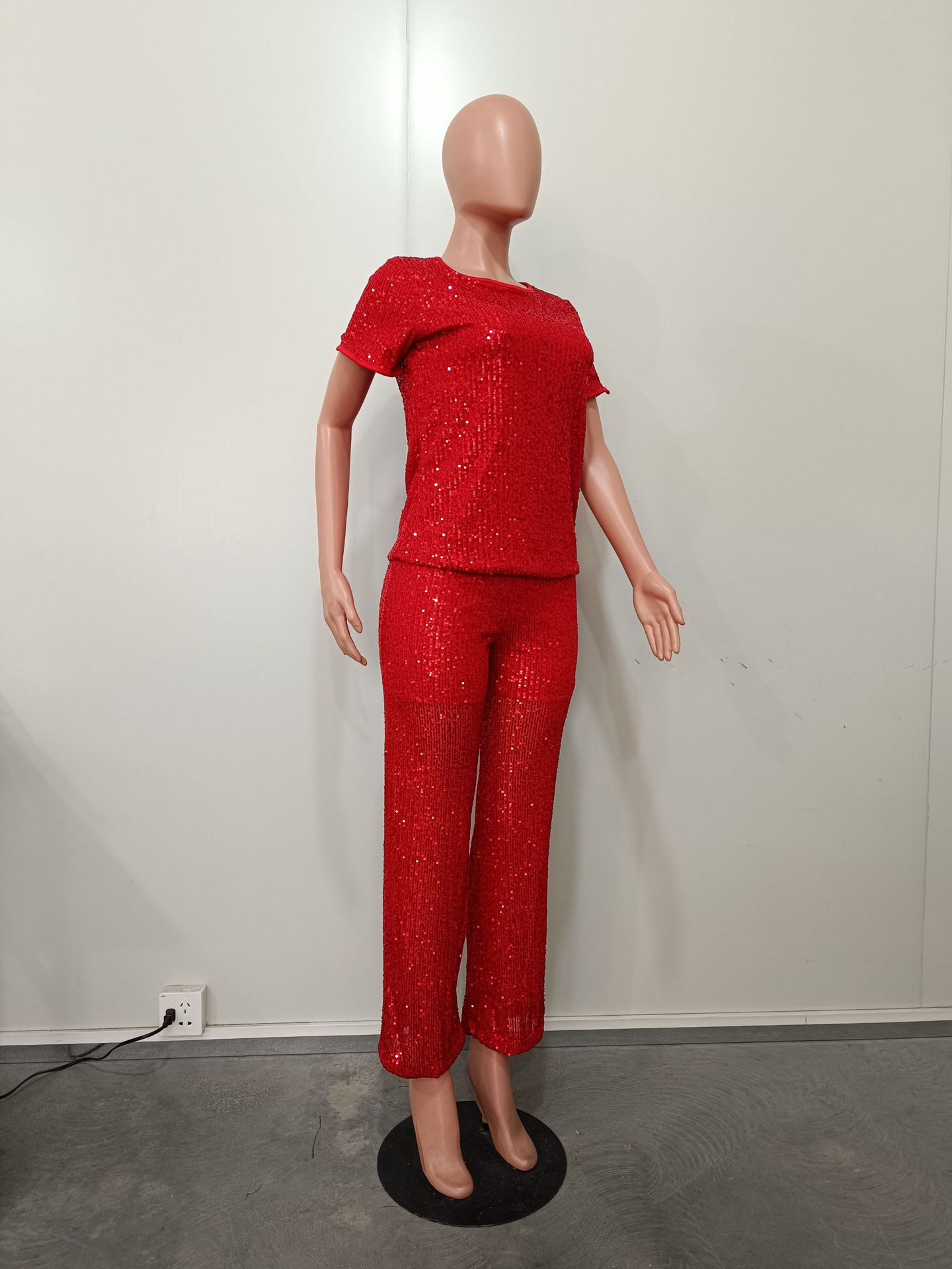 Women Spring Summer Sequin Solid Short Sleeve Top and Pants Two-piece Set
