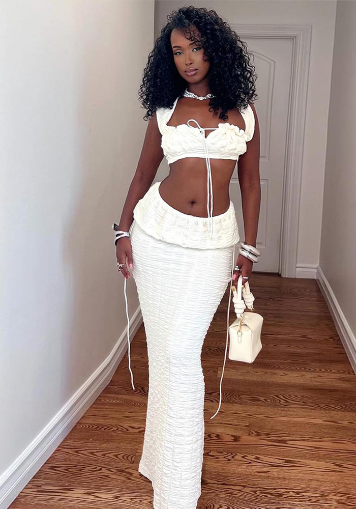 Sexy Cut-Out Square Neck Lace-Up Top with Slim Long Skirt Two Piece Set