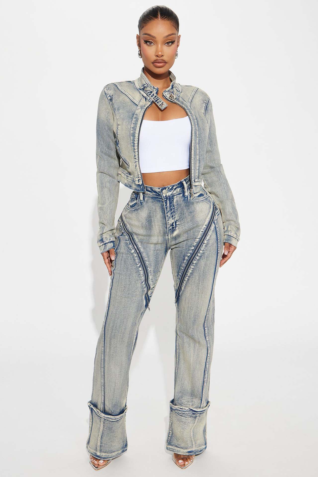 Women Spring Sexy Stretch Washed Zipper Denim Jacket Top and PantsTwo Piece Set