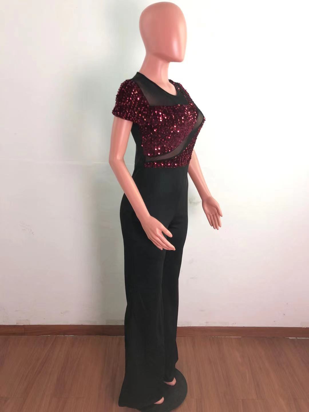 Women Irregular Sequin Patchwork Short Sleeve Jumpsuit