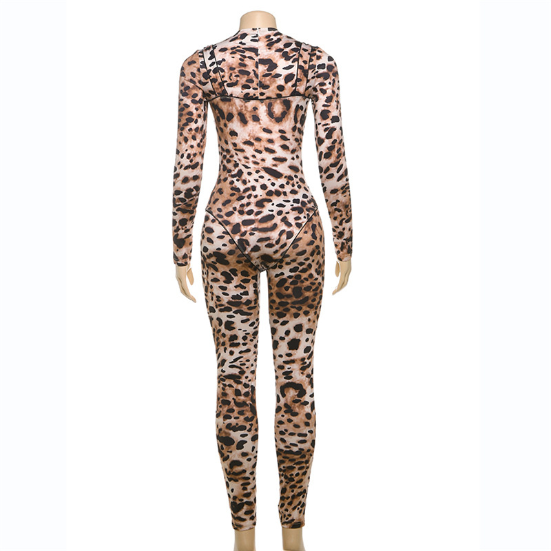 Women Sexy Contrast Leopard Round Neck Long Sleeve Jumpsuit