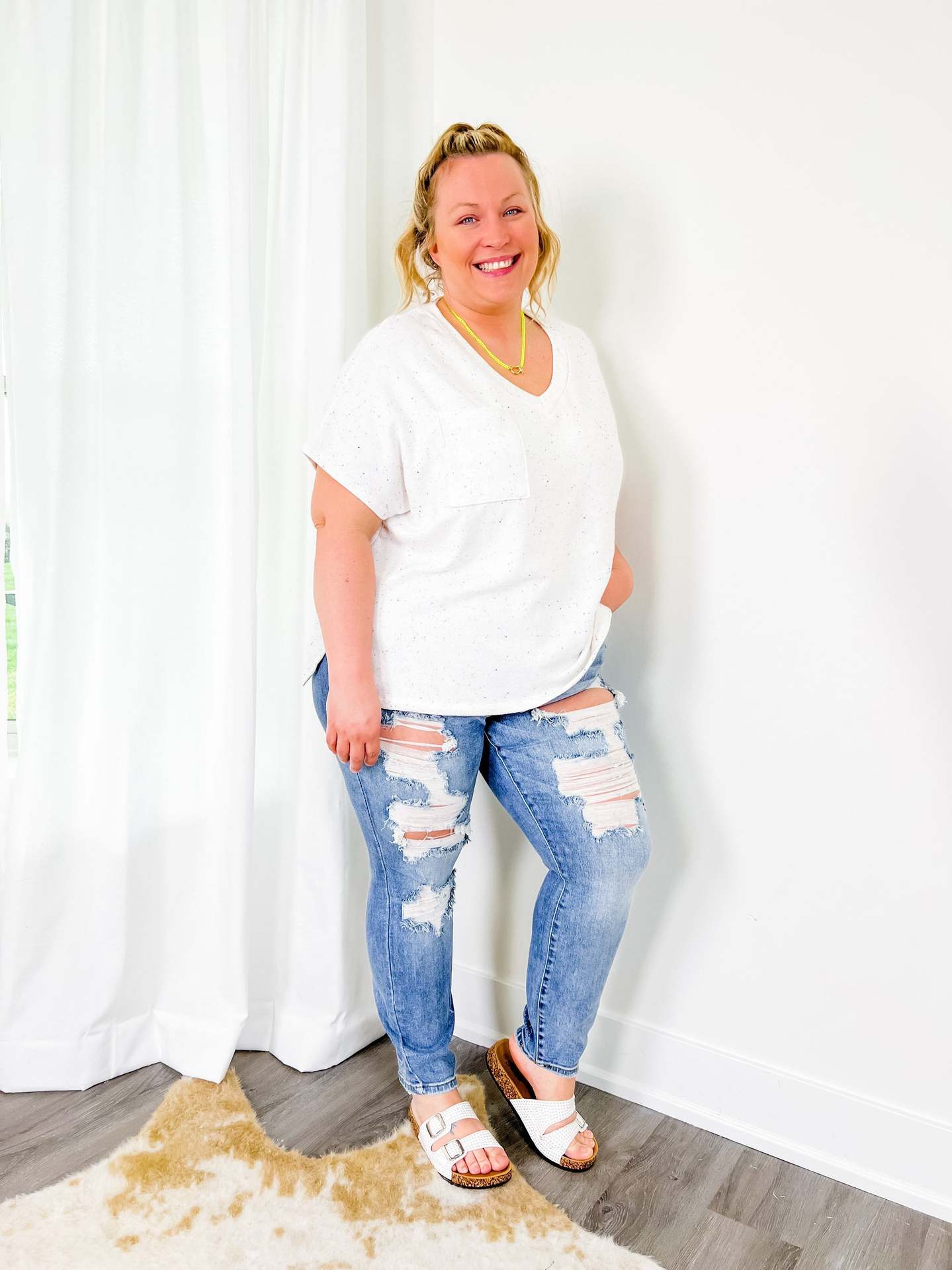 Light Color Tight Ripped Mid-Waist Denim Pants Streetwear