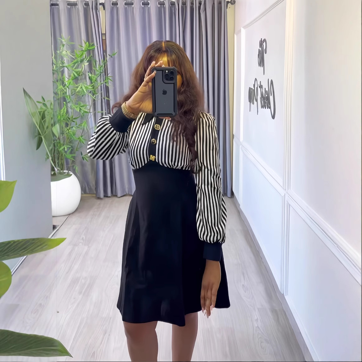 Women Spring Long Sleeve Single-Breasted Shirt Collar Striped Dress