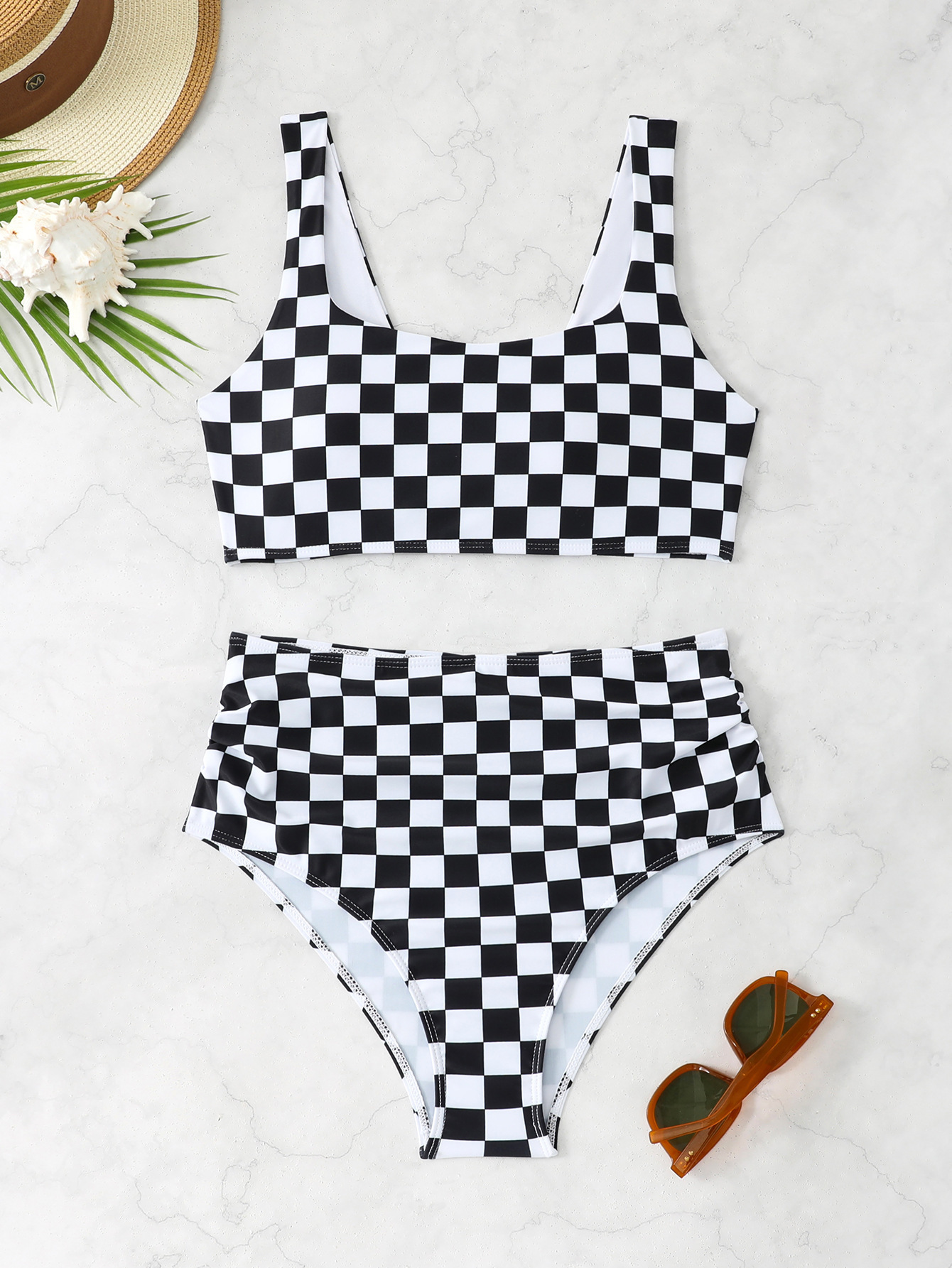 Checkered High-Waist Bikini Two-Piece Sport Swimsuit
