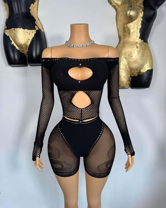 Women Sexy Hollow Off Shoulder Long Sleeve Top and Shorts Set