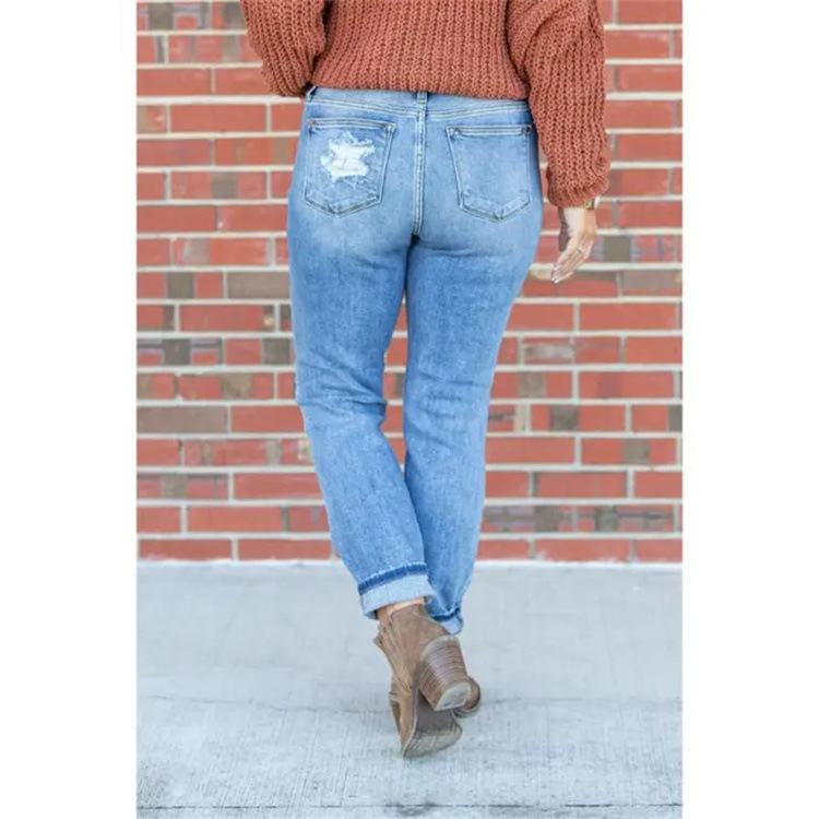 Light Color Tight Ripped Mid-Waist Denim Pants Streetwear