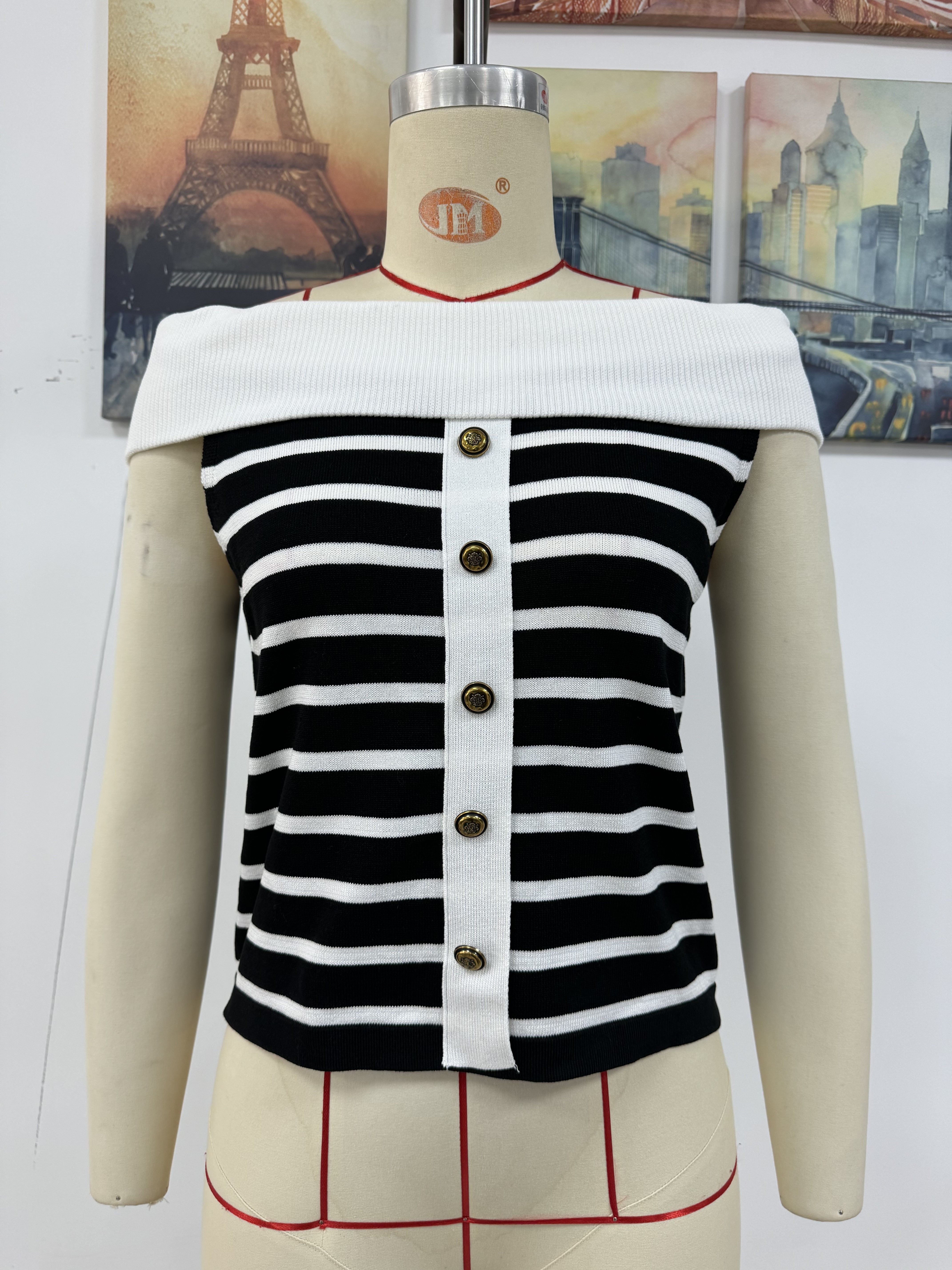 Spring/Summer Women's Fashion Long-Sleeve Striped Off-Shoulder Knit Top