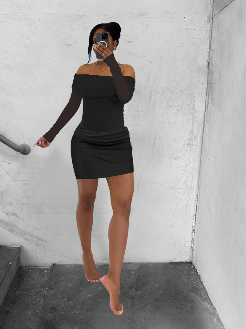 Women's Spring/Summer See-Through Mesh Long-Sleeve Patchwork Off-Shoulder Ruched Two-Piece Skirt Set